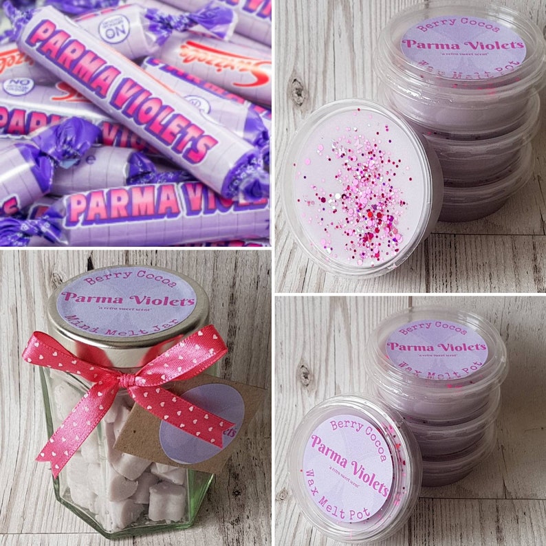 2 Parma Violets /& 2 Rhubarb /& Custard Scented Wax Tarts Sweet Shop Wax Tarts