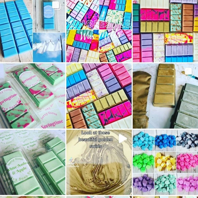 May include: A collage of images showcasing various wax melts in different colors and scents. The images include close-ups of the wax melts, as well as images of the wax melts being packaged and shipped. The text "Wholesale Wax Melts" is visible in one of the images.