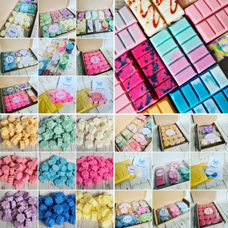May include: Assortment of wax melts in various colors and scents, packaged in small boxes and bags. The wax melts are arranged in a grid pattern, with each box or bag containing a different scent and color. The wax melts are perfect for adding a touch of fragrance to any room.