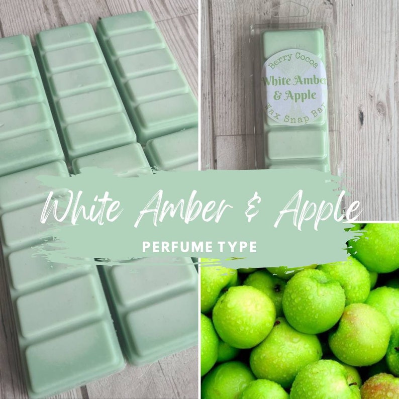 May include: A pack of green wax melts with the text "Berry Cocoa White Amber & Apple Wax Snap Bar" and the text "White Amber & Apple Perfume Type". The image also shows a close-up of green apples.