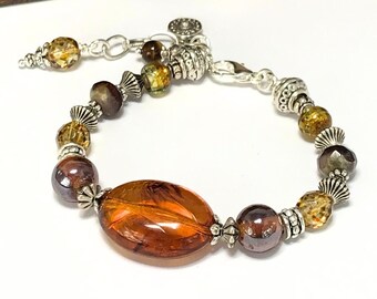 Amber Glass Bracelet, Autumn Boho Bracelet, Handmade with Bronze Golden Crystal & Silver Beads, Artisan Bracelet, Autumn Fall Collection