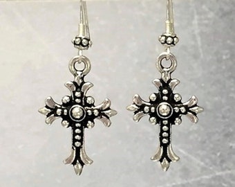 Silver Cross Earrings, with Sterling Silver Hooks, Ornate Cross Pendants, Gothic Earrings, Gothic Wedding
