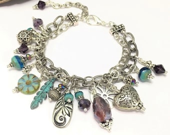 Peacock Crystal Silver Charm Bracelet, Boho Feather Bracelet, Handmade with Iridescent Turquoise and Purple Crystals