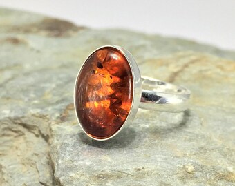 Natural Amber Silver Ring, Handmade 925 Solid Silver Ring with Amber Stone, Adjustable Oval Ring