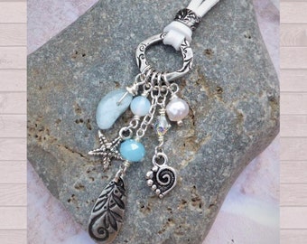 Natural Aquamarine Silver Tassel Necklace, Silver Beach Necklace with Swarovski ® Crystals, Freshwater Pearls, Moonstone
