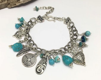 Natural Turquoise Charm Bracelet, Handmade with Turquoise Gemstones, Sterling Silver Plated Beads and Charms, Bohemian Boho Bracelet