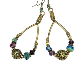 Turquoise Purple Crystal Artisan Earrings, Boho Bronze Teardrop Earrings, Bohemian Earrings, Boho Teardrop Earrings, Nickel Free