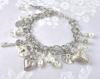 Swarovski Crystal Charm Bracelet, Vintage Style, Boho Heart Bracelet, Locket Charm, Freshwater Pearls, Handmade Bohemian Artisan Bracelet
