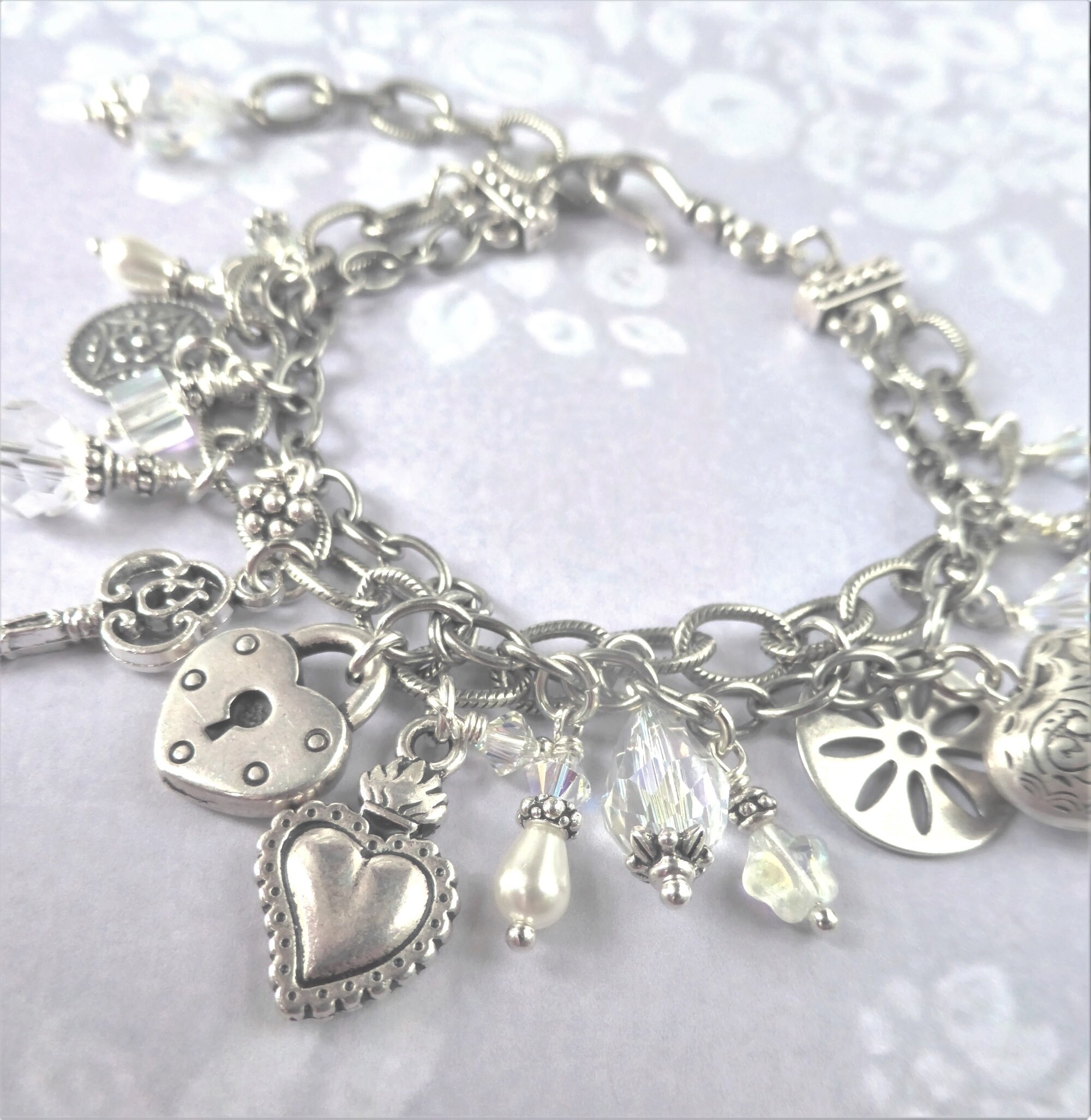 Swarovski Swavorski Crystal Heart Love Charm Silver Bracelet - 4 Charms