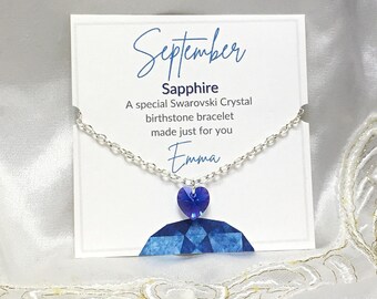 Personalised September Birthstone Bracelet, Swarovski Sapphire Crystals, September Birthday, Friendship Bracelet, Any Name or Custom Message