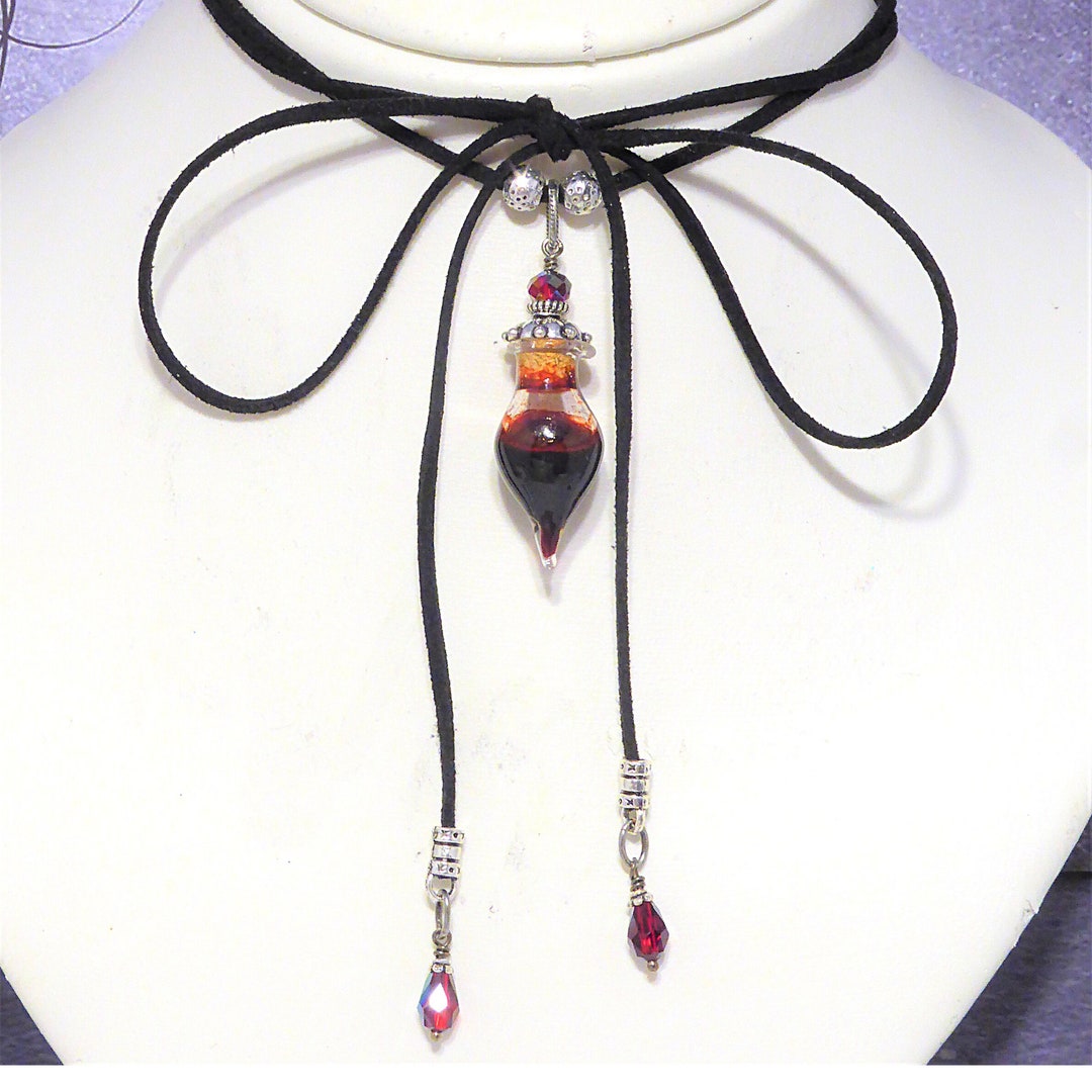 Blood Vial Black Suede Choker Lariat, With Teardrop Glass Vial and Red