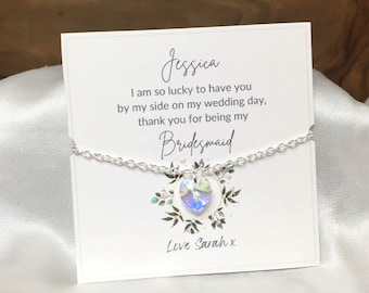 Personalised Thank You For Being My Bridesmaid Gift, Swarovski Crystal Heart Bracelet, Match Your Wedding Colours, Rustic Boho Wedding