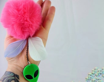 Alien Bag Charm Keychain Fluffy Pom Ball