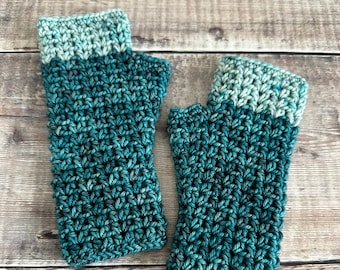 Crochet fingerless gloves, wrist warmers,  super wash merino wool, hand dyed yarn, teal