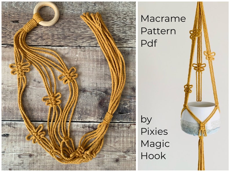 Op de afbeelding: Een mosterdgele macram&eacute; plantenhanger met een houten ring aan de bovenkant. De hanger is gemaakt met een knoopmotief dat lijkt op een bloem. De tekst "Macrame Pattern Pdf by Pixies Magic Hook" is zichtbaar in de afbeelding.