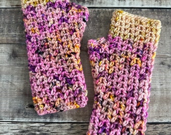 Crochet fingerless gloves, wrist warmers,  super wash merino wool, hand dyed yarn, purple, yellow, pink