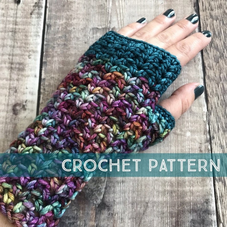 May include: Crochet pattern for fingerless gloves with a teal cuff and a multi-colored body. The gloves are made with a textured stitch and feature a variety of colors, including purple, green, and orange.