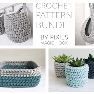 May include: Crochet pattern bundle by Pixies Magic Hook. The bundle includes patterns for a hanging basket, a square basket, and a round planter. The baskets are made with gray yarn, and the planter is made with gray, teal, and light blue yarn.