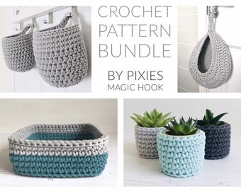 4 Crochet Basket Patterns Bundle, instant digital download