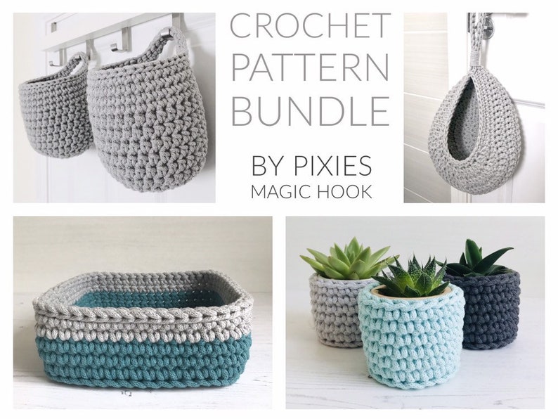 4 Crochet Basket Patterns Bundle, instant digital download image 1