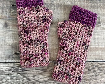 Crochet fingerless gloves, wrist warmers,  super wash merino wool, hand dyed yarn, pink and purple