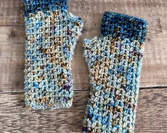 Crochet fingerless gloves, wrist warmers,  super wash merino wool, hand dyed yarn, blue