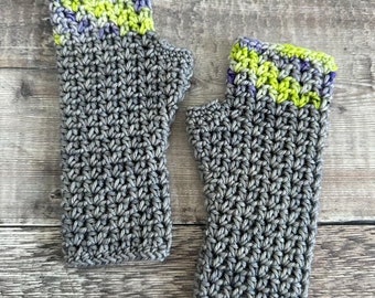 Crochet fingerless gloves, wrist warmers,  super wash merino wool, hand dyed yarn, blues and greys