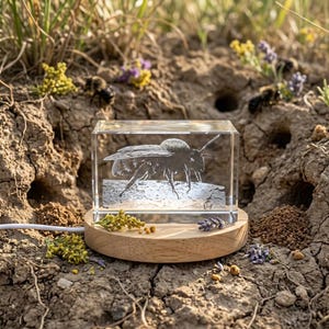 May include: A rectangular clear glass block featuring a laser-etched detailed image of a bee, resting on a circular light-colored wooden base. A white power cord extends from the side of the base, which is decorated with small yellow and purple flowers.