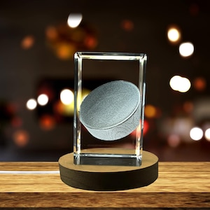 3D Engraved Crystal Hockey Puck Keepsake with LED Base