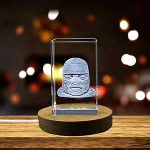 Olmec Colossal Head 3D Engraved Crystal Sculpture: Ancient Mesoamerican Art, LED Base