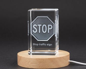 3D Engraved Crystal Sculpture of 'Stop' Traffic Sign