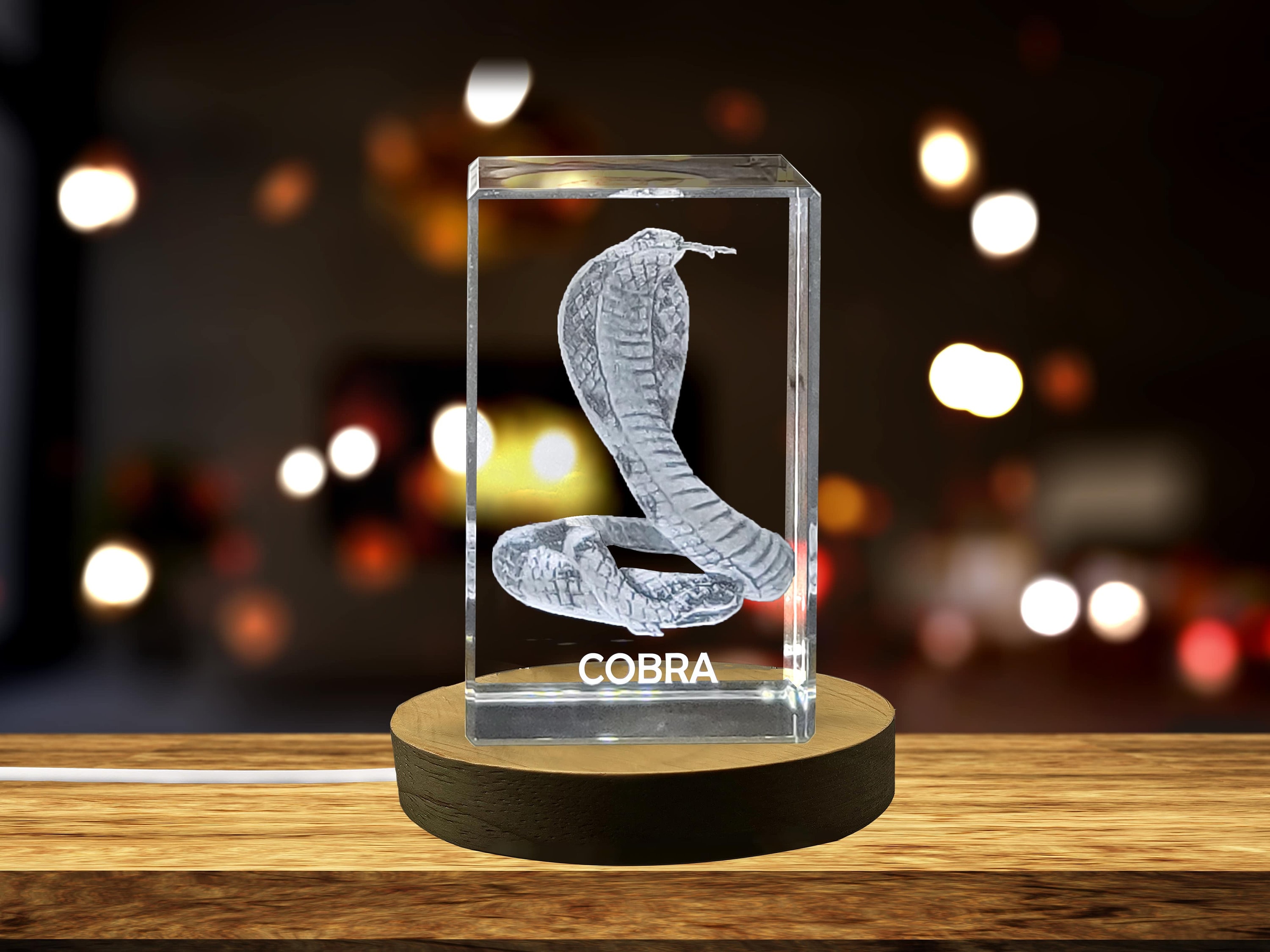 3D Engraved Crystal Cobra With LED Rotating Base - Unique