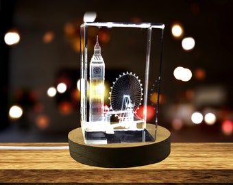 3D Engraved Crystal London Landmarks Keepsake with LED Base
