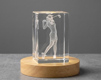 Golf Female Player 3D Engraved Crystal Gift - Elegant Sports Decor
