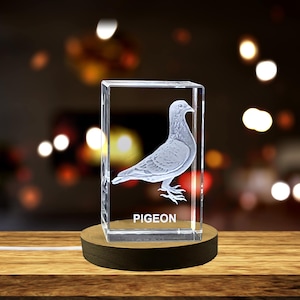Könnte beinhalten: Ein klarer Glaswürfel mit einem 3D-geätzten Bild einer Taube. Der Würfel steht auf einem Holzsockel und das Wort "PIGEON" ist auf der Unterseite des Würfels geätzt.