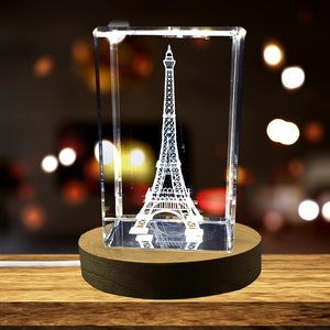 3D Engraved Crystal Eiffel Tower: Paris Souvenir with LED Base