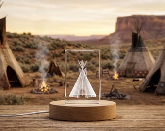 Teepee 3D Engraved Crystal Trophy – Cultural Heritage Western Recognition & Achievement Gift with LED Light, Collectible Home Decor
