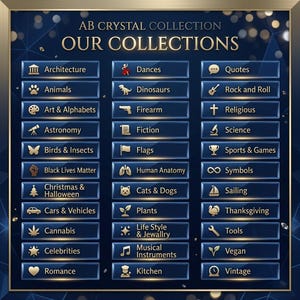 May include: A dark blue graphic with gold trim and text reading "AB Crystal Collection Our Collections." The image displays a grid of navy blue buttons, each labeled with a different category, such as "Animals," "Quotes," and "Vintage."