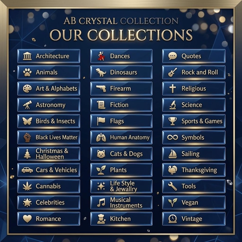 May include: A dark blue graphic with gold trim and text reading "AB Crystal Collection Our Collections." The image displays a grid of navy blue buttons, each labeled with a different category, such as "Animals," "Quotes," and "Vintage."