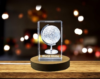 3D Engraved Crystal Globe – World Map Keepsake, LED Light Decor