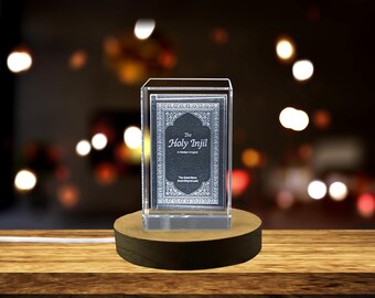 Injil Book 3D Crystal Sculpture – Engraved Religious Keepsake with LED Base