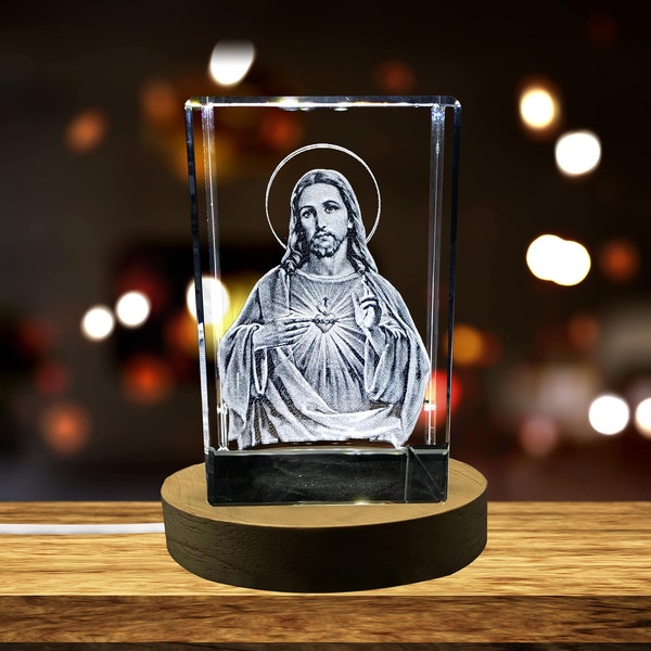 Statue de figurine de Jésus en cristal 3D avec lumière LED