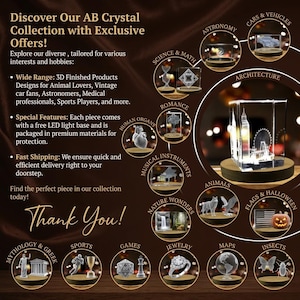 May include: An advertisement for AB Crystal Collection featuring various 3D finished products. The image showcases crystal designs for astronomy, architecture, animals, and more. Text includes "Discover Our AB Crystal Collection with Exclusive Offers!" and "Thank You!"