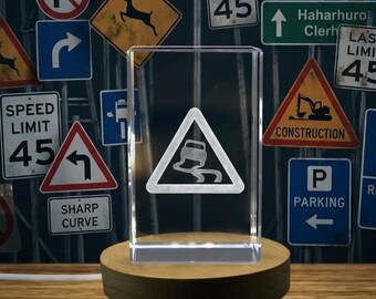 3D Engraved Crystal Slippery Road Traffic Sign