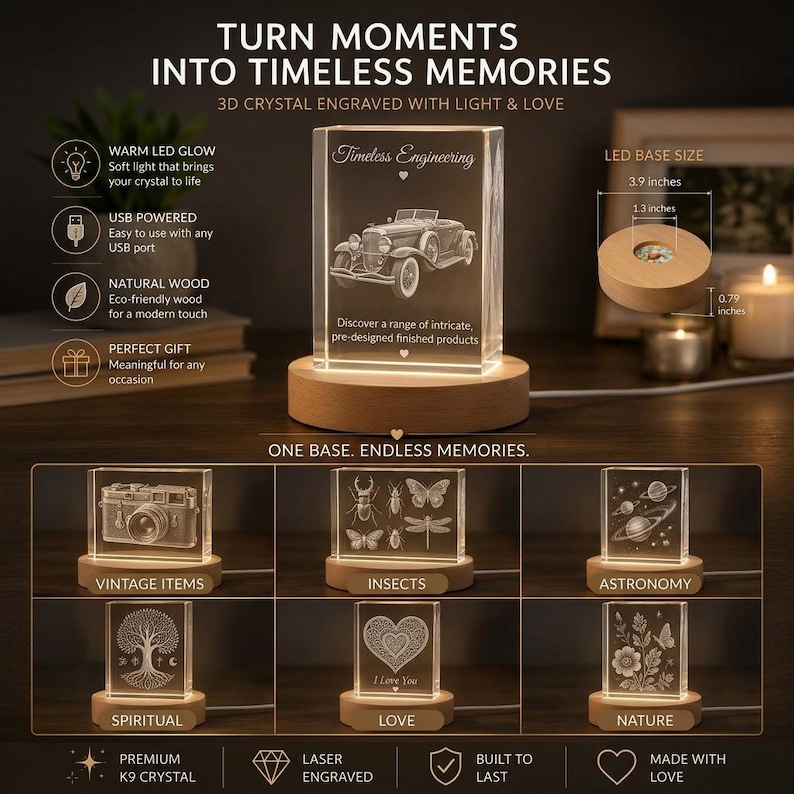 May include: A clear, rectangular crystal block with a 3D engraved classic car design, illuminated by a warm LED light. The base is made of natural wood. The text on the crystal reads "Timeless Engineering". The base measures 3.9 inches in diameter.