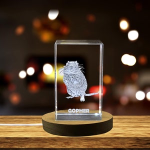 Könnte beinhalten: Ein klarer Kristallwürfel mit einem 3D-gravierten Bild eines Rennmaus. Der Würfel steht auf einem Holzsockel und hat das Wort "GOPHER" auf der Unterseite graviert.