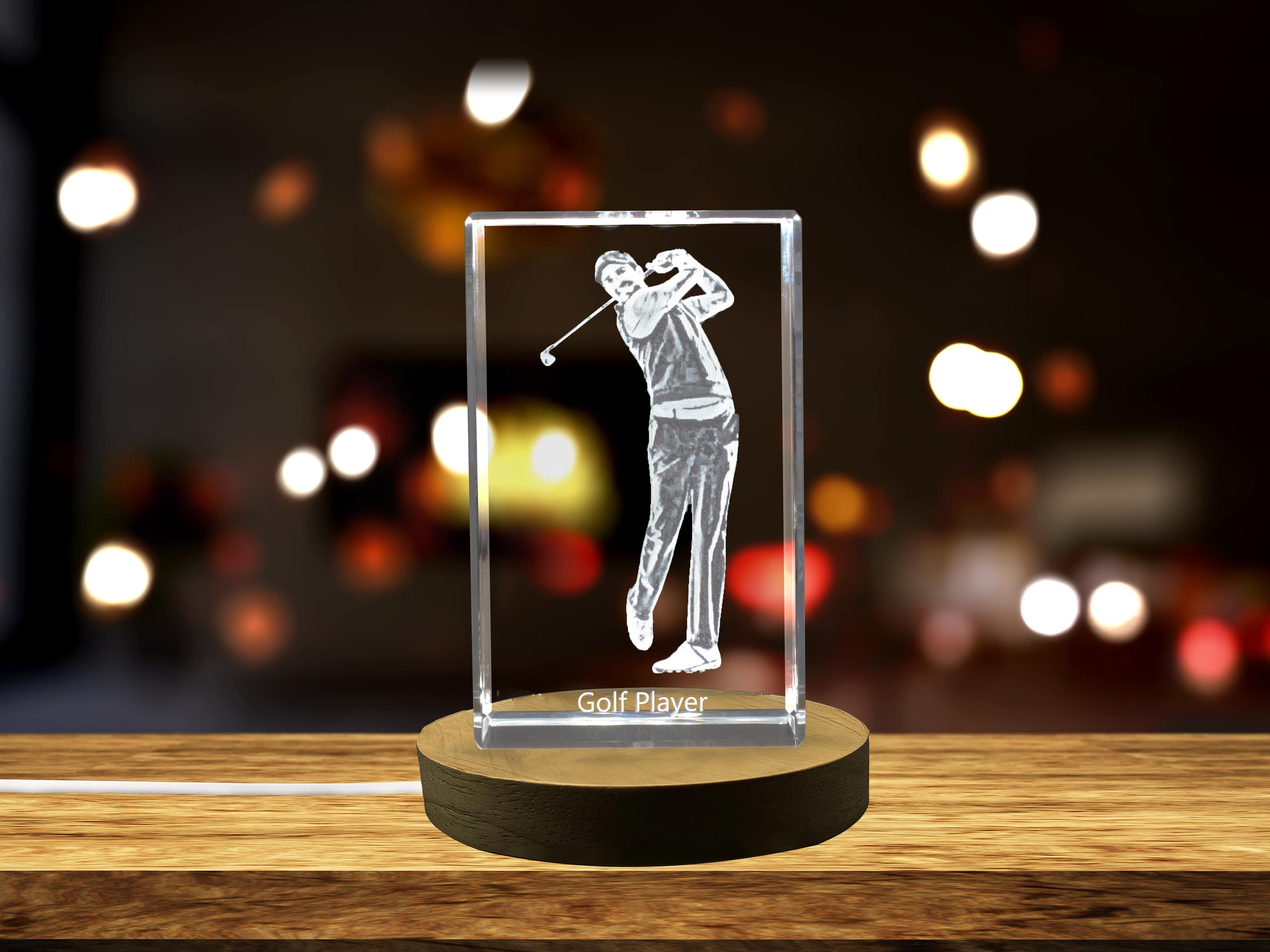 3D Engraved Crystal Golf Player Keepsake with LED Base