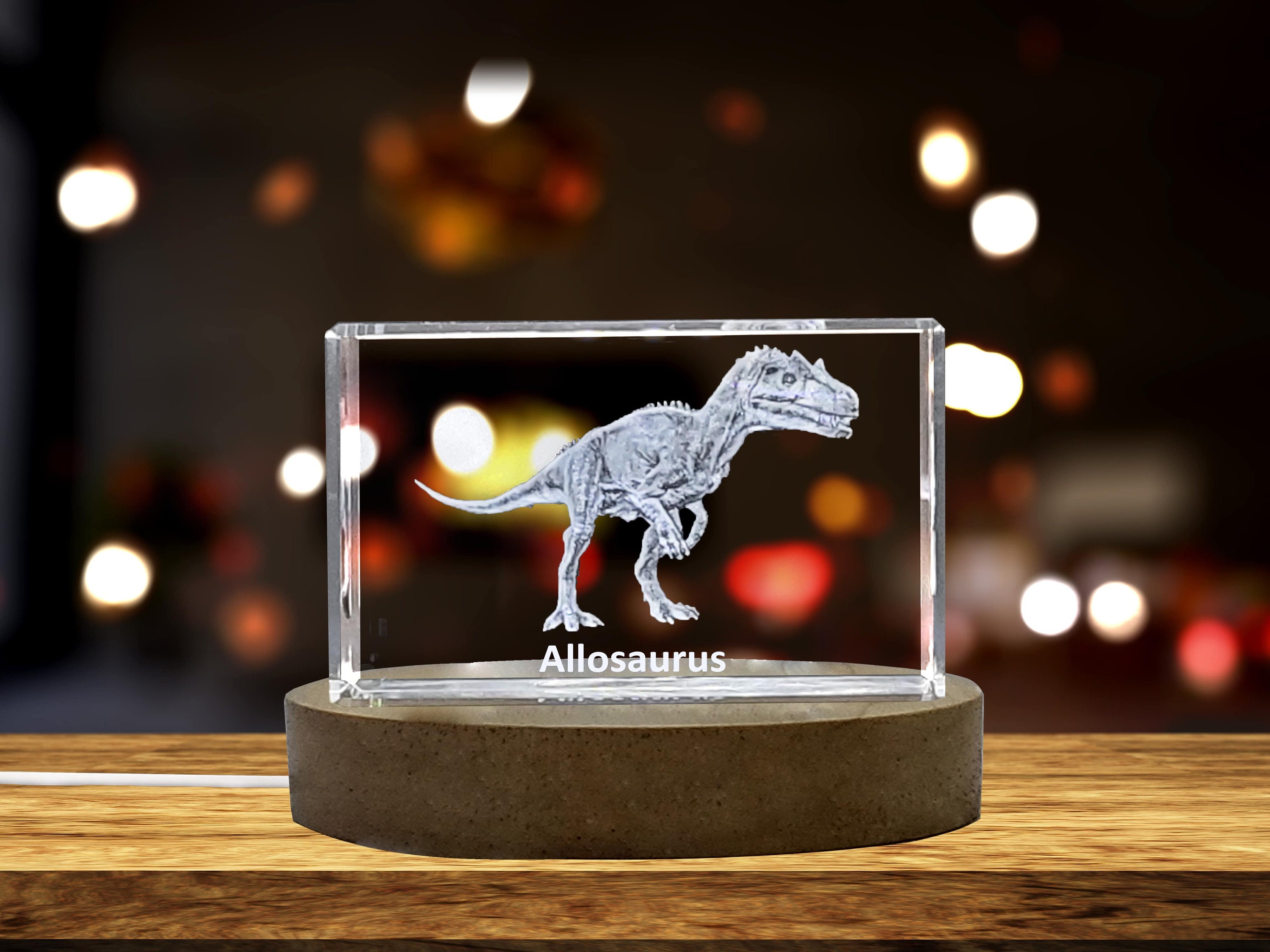 Allosaurus Dinosaur 3D Engraved Crystal Keepsake With LED Base