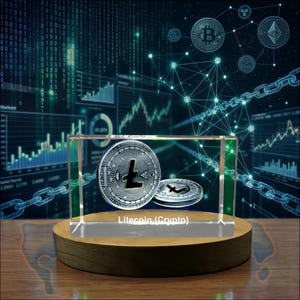 Może przedstawiać: Prostokątny, przezroczysty szklany blok z wygrawerowanym laserowo logo Litecoin i dwoma wzorami monet wewnątrz. Napis "Litecoin (Crypto)" znajduje się na przedniej stronie. Blok spoczywa na okrągłej drewnianej podstawie z motywem cyfrowym.