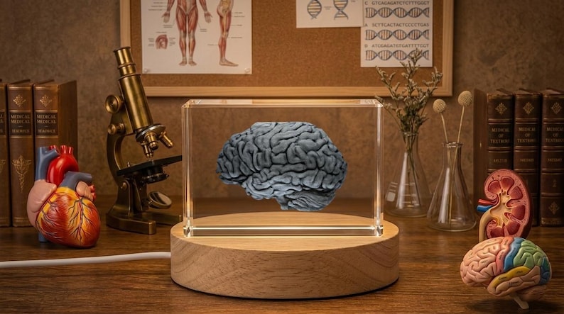 May include: A detailed anatomical model of a human brain encased in a clear acrylic block, illuminated by a wooden base. Other models include a heart, kidney, and a vintage microscope, suggesting a medical or educational theme.
